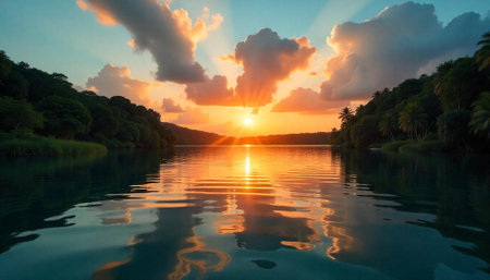 Serene sunset reflection on a tranquil river flanked by trees
