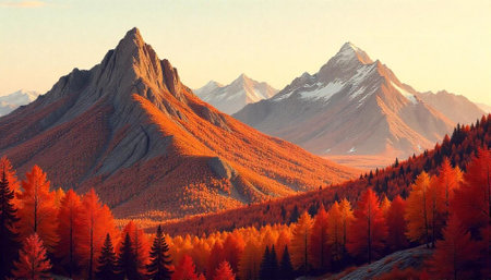 Autumn mountains landscape panorama with colorful trees and snowの写真素材
