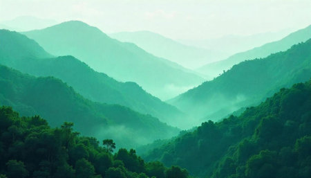 Layers of misty green mountains in soft focusの写真素材