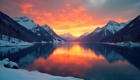 Lake and mountain landscape at sunrise with reflectionsの写真素材