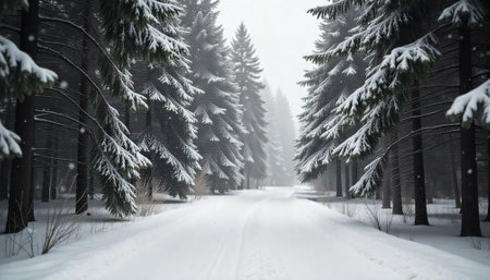 Snow covered forest road through tall evergreen treesの写真素材
