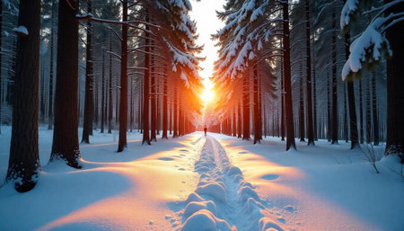 Winter forest pathway with sunset and lone silhouette figure