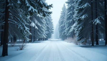 Winter forest road covered in snow on a foggy dayの写真素材