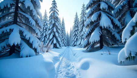 Snowy path through a winter forest of evergreens