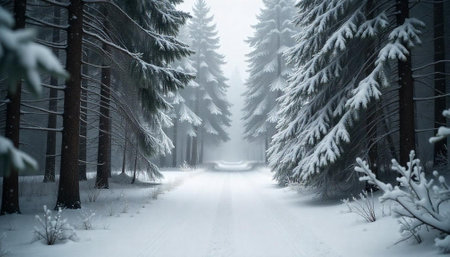 Snowy forest path leading into a misty distanceの写真素材