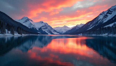 Mountain lake at sunset with sky reflection viewの写真素材