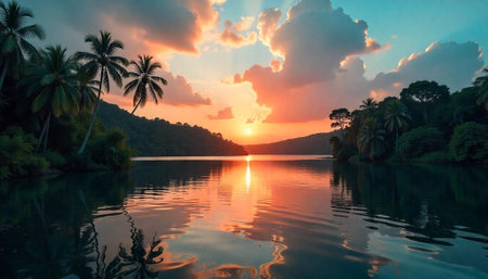 Tropical lake reflects sunset and palm trees landscape sceneryの写真素材