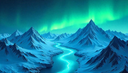 Majestic snowy mountains with glowing river and aurora borealis