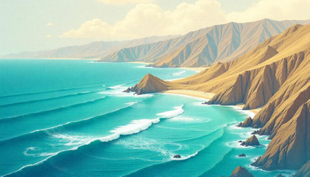 Coastal beach landscape with turquoise ocean and golden mountains