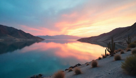 Lake at sunset reflects vibrant pastel colors into the waterの写真素材