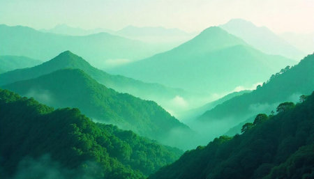 Layers of misty mountain ranges with vibrant green foliageの写真素材