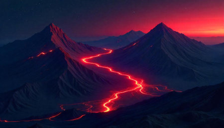 Lava River Flowing Between Mountains Under A Dark Skyの写真素材