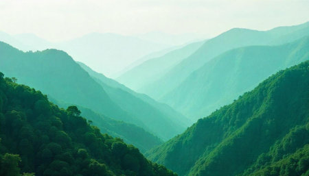 Misty layered mountain range covered in lush green forests