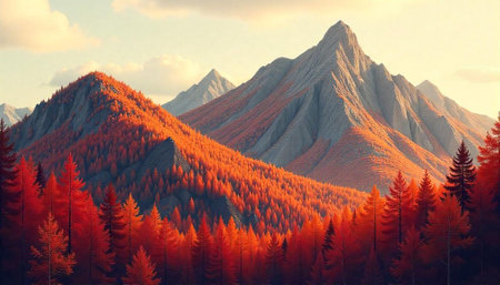 Autumn mountain landscape featuring vibrant fall foliage and peaks