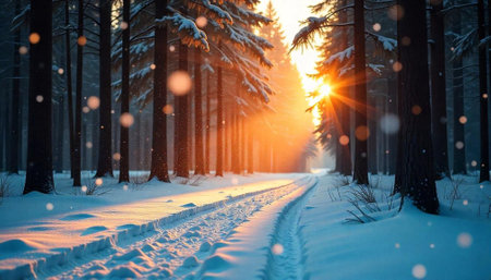 Winter forest bathed in golden sunlight with snow pathの写真素材