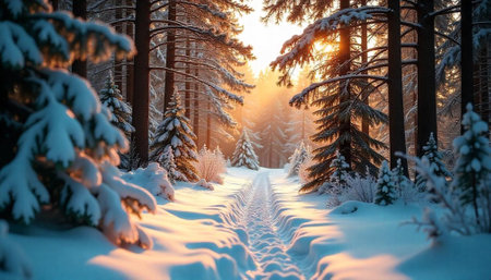 Sunlit snow path through winter forest landscape image