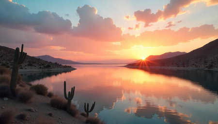 Desert sunset reflecting on lake water with cacti foregroundの写真素材