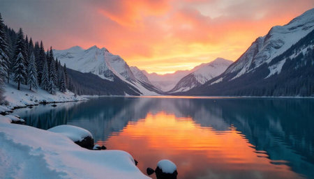 Majestic mountain lake reflecting the colorful sunset skyの写真素材