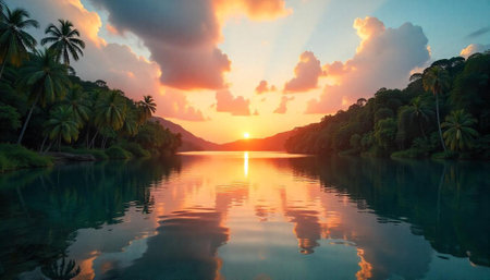 Tropical sunset reflecting on calm river water surfaceの写真素材