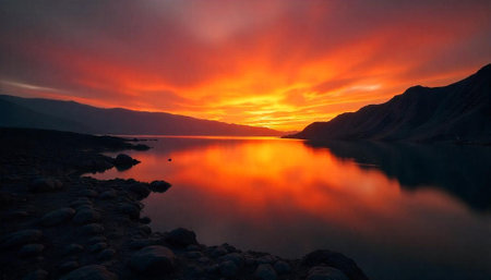 Vibrant lake at sunset reflecting mountains with fiery skyの写真素材