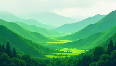 Lush Green Valley Landscape with Misty Mountain Backdropの写真素材