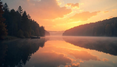 Serene lake with boat at sunrise reflecting clouds colorsの写真素材
