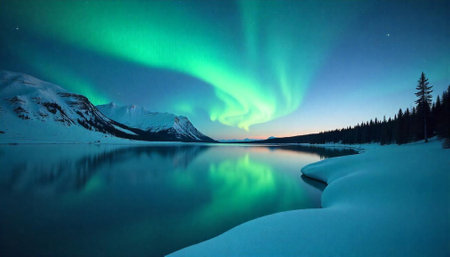 Aurora Borealis Reflection over Tranquil Lake surrounded by Snowの写真素材