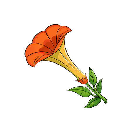 Bright orange cartoon flower blossom with green leaves vectorのイラスト素材