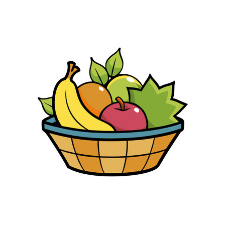 Cartoon fruit basket with banana, apple, leaves, and mangoのイラスト素材