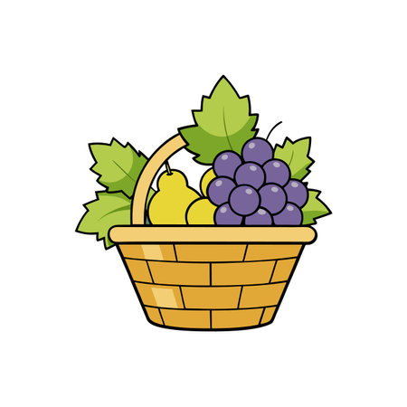 Whimsical cartoon fruit basket with grapes pears and leavesのイラスト素材