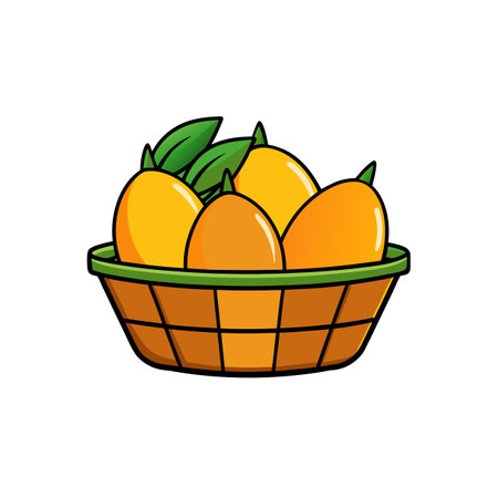 Basket of fresh mangoes with leaves cartoon styleのイラスト素材