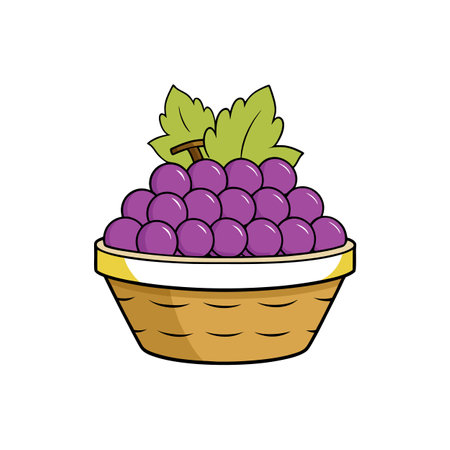 Cartoon basket of purple grapes with green leavesのイラスト素材