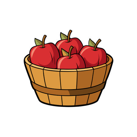 Illustration of apples in a wooden basket overflowingのイラスト素材
