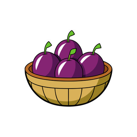 Plum harvest in wooden basket, cartoon style graphic designのイラスト素材