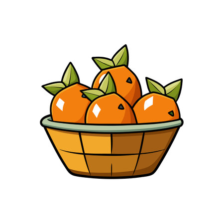 Basket of fresh oranges with green leaves cartoon styleのイラスト素材
