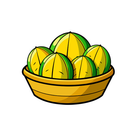 Cartoon illustration of fruit bowl with yellow and green fruitのイラスト素材