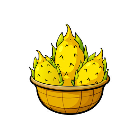Basket with tropical yellow dragon fruits cartoon illustrationのイラスト素材