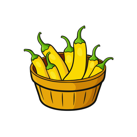 Basket of yellow peppers with green stems cartoon styleのイラスト素材