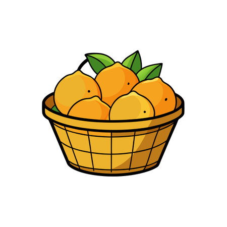 Basket of Cartoon Oranges with Green Leaves Illustrationのイラスト素材