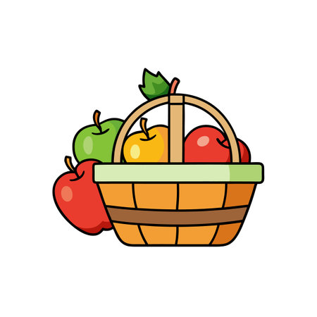 Basket full of colorful apples illustration with bold outlinesのイラスト素材