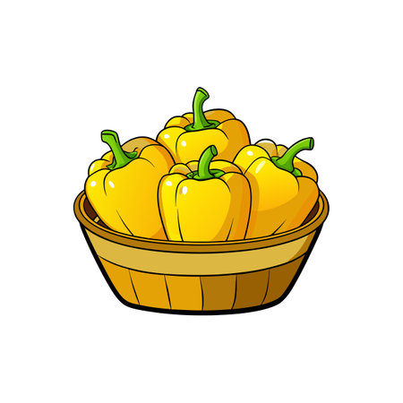 Yellow bell peppers in a wooden bowl illustrationのイラスト素材