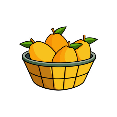 Cartoon basket filled with ripe mangoes, fresh and brightのイラスト素材