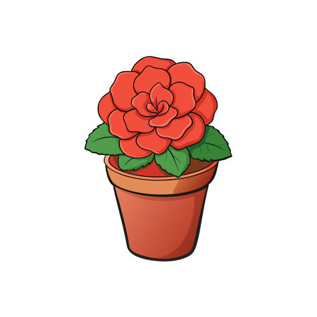 Cartoon red rose in terracotta pot on white backgroundのイラスト素材