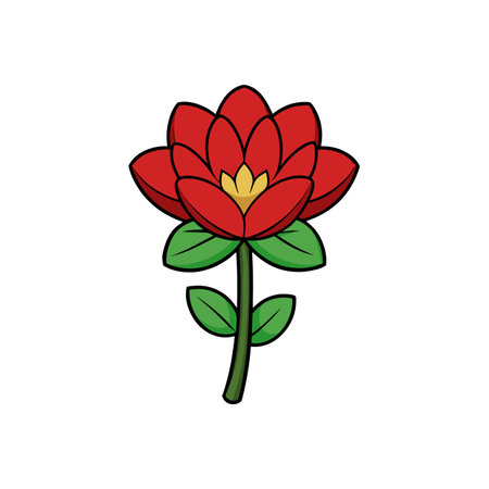 Stylized Red Flower with Green Leaves and Black Outlineのイラスト素材