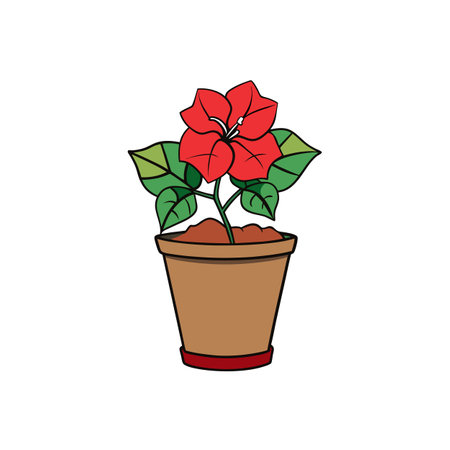 Potted red bougainvillea flower illustration with dark outline styleのイラスト素材