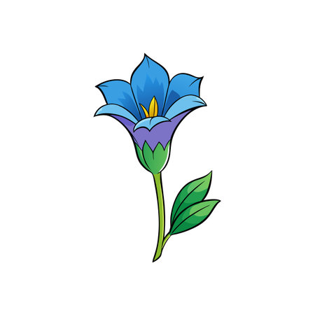 Stylized cartoon blue flower with stem and leaves illustrationのイラスト素材