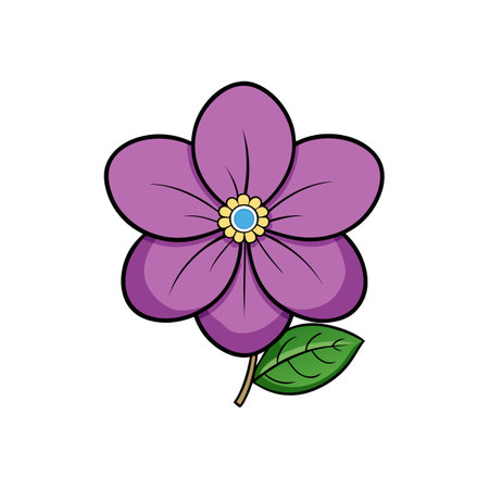 Cartoon single purple flower and leaf on white backgroundのイラスト素材