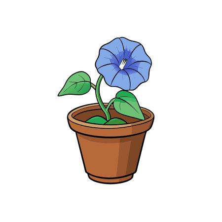 Cartoon blue morning glory flower in brown pot illustrationのイラスト素材