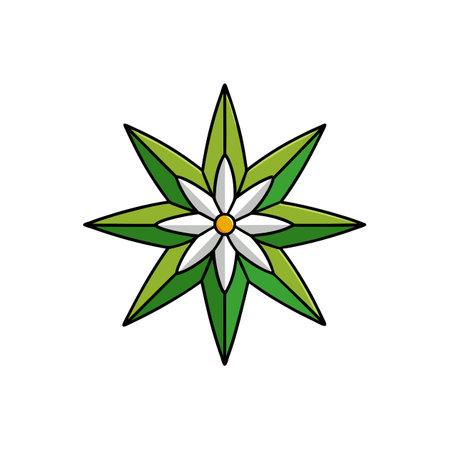 Eight Pointed Star Flower with Green Leaves Illustrationのイラスト素材