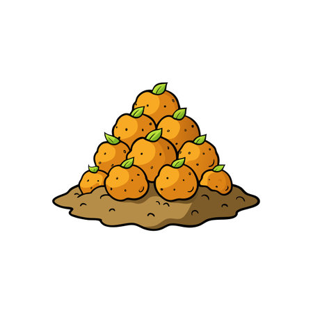Cartoon pile of oranges on dirt with green leavesのイラスト素材